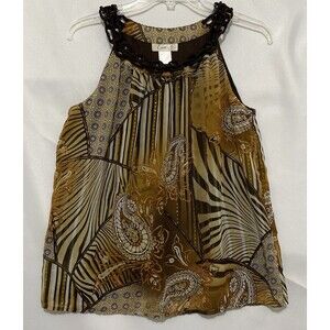 Erin B Brown Paisley Chain Neck Sleeveless Blouse Top Womens M Boho Lined